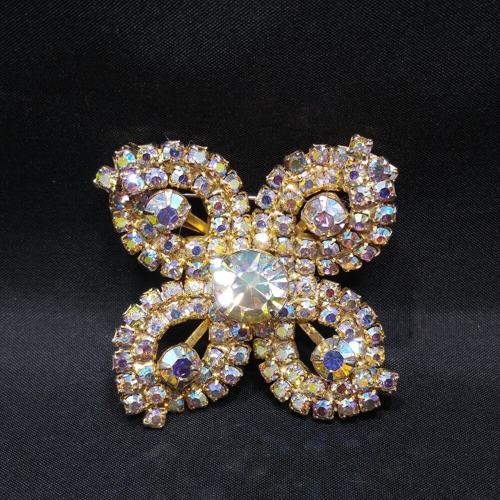 Rhinestones Aurora Borealis Flower Brooch, Gold Plated, 1960s Vintage Jewelry